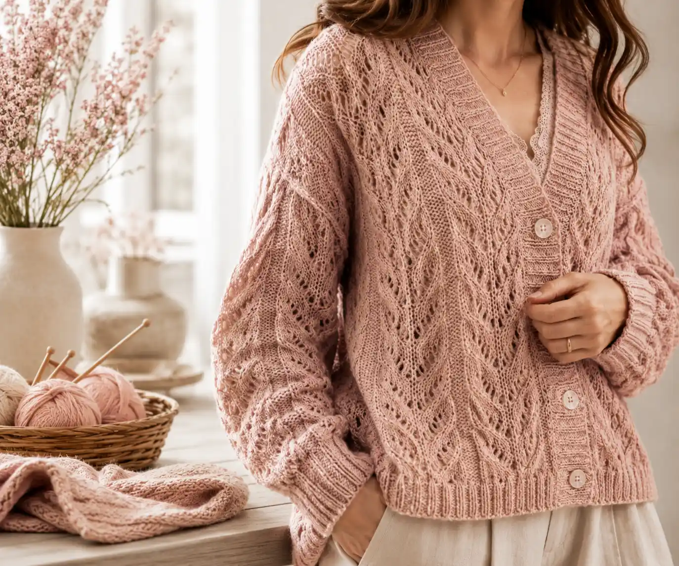 Woman wearing a soft pink knitted cardigan beside yarn and knitting needles in a premium feminine lifestyle scene