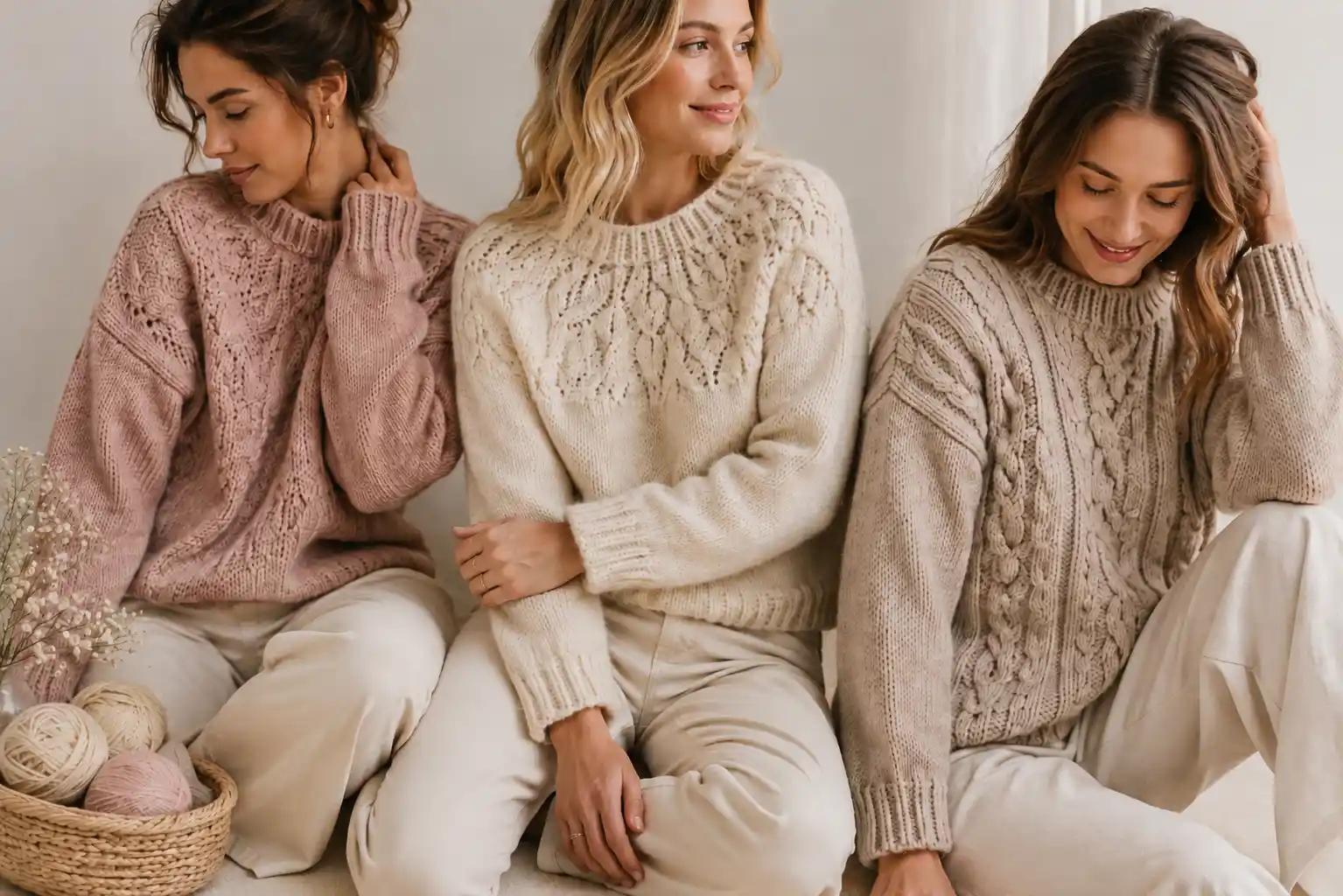 Three women wearing premium hand-knitted sweaters in soft pink, cream and beige tones